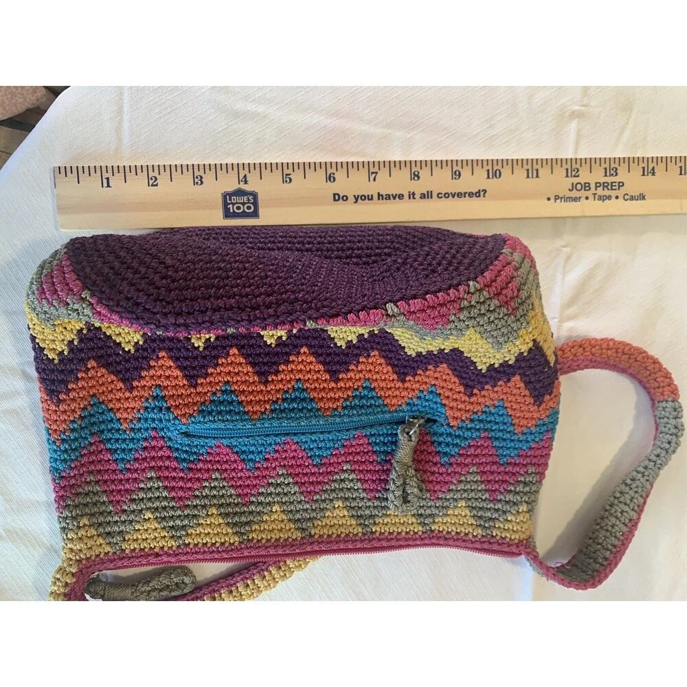 The Sak Chevron Multicolor Crocheted Lined Shoulder Bag Bright Hot Pink~Teal